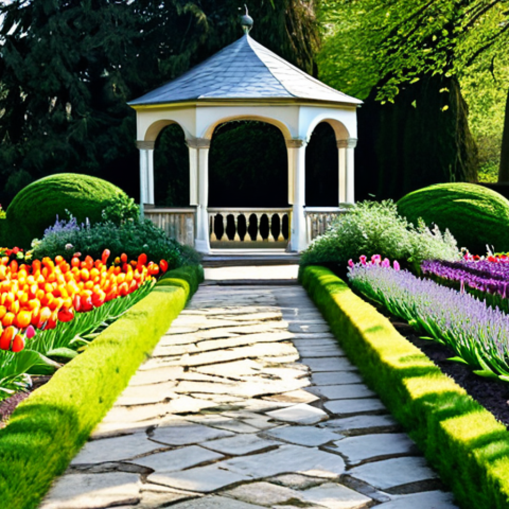 **
"A serene botanical garden scene in the style of a vintage French postcard, featuring meticulously arranged flower beds with vibrant tulips, roses, and lavender. A stone pathway winds through the garden, leading towards a charming, ivy-covered gazebo. Sunlight filters through the trees, creating a dappled effect on the ground. In the background, a glimpse of a classic French chateau can be seen. The overall atmosphere is peaceful and elegant. Fully clothed visitors stroll through the garden in appropriate attire. Safe for work, professional photography, perfect anatomy, natural proportions, high quality, modest."
**