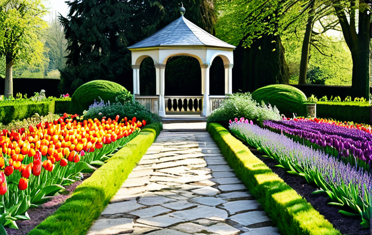 **

"A serene botanical garden scene in the style of a vintage French postcard, featuring meticulously arranged flower beds with vibrant tulips, roses, and lavender. A stone pathway winds through the garden, leading towards a charming, ivy-covered gazebo. Sunlight filters through the trees, creating a dappled effect on the ground. In the background, a glimpse of a classic French chateau can be seen. The overall atmosphere is peaceful and elegant. Fully clothed visitors stroll through the garden in appropriate attire. Safe for work, professional photography, perfect anatomy, natural proportions, high quality, modest."

**