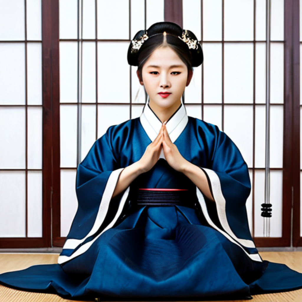북한의 전통 악기 아쟁과 장고 - "A professional musician fully clothed in a modest hanbok, playing the ajaeng in a traditional Korea...