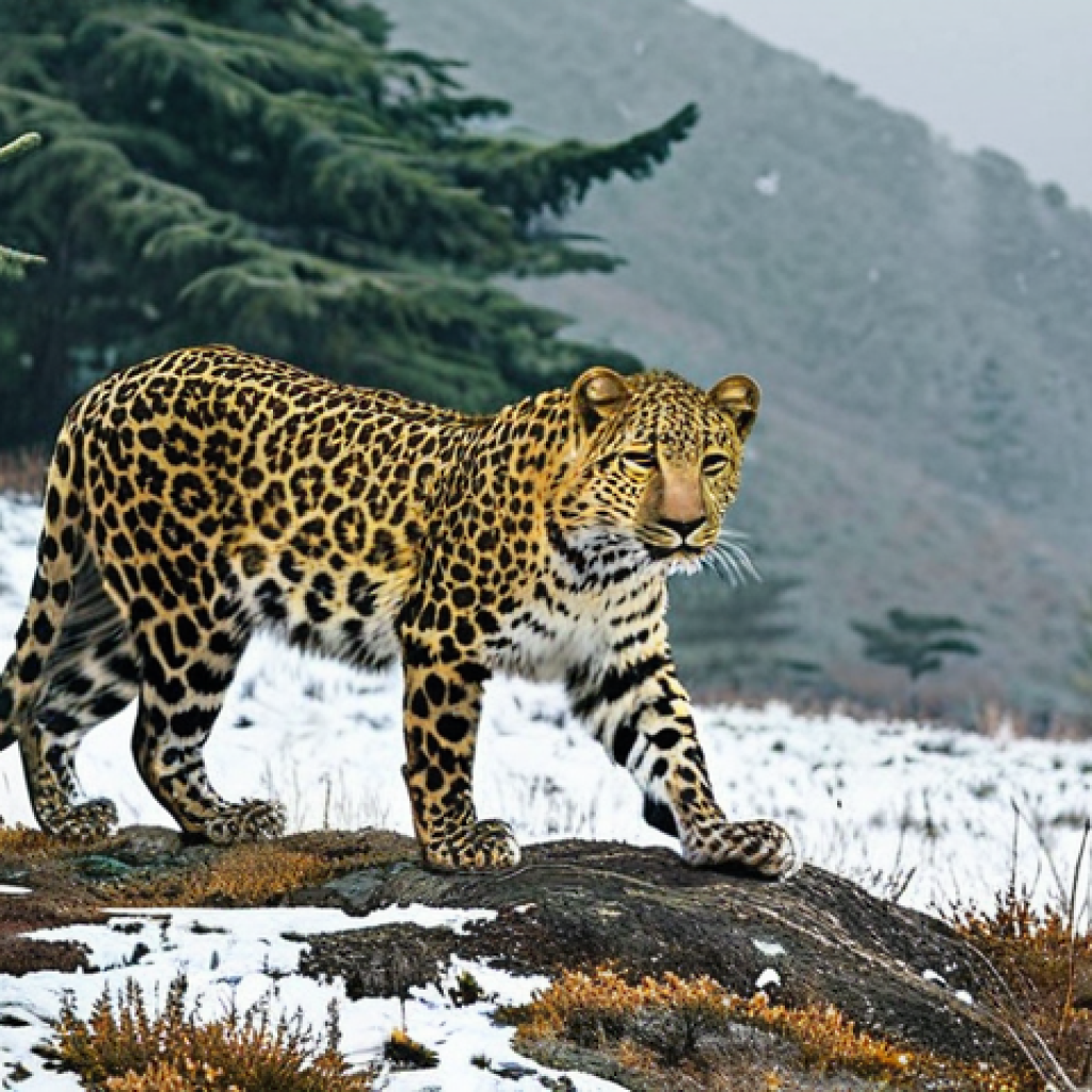 북한의 생태계   멸종 위기 동식물 보호 - **Prompt 1: The Elusive Amur Leopard in its Mountain Sanctuary**
    "A majestic and exceptionally r...