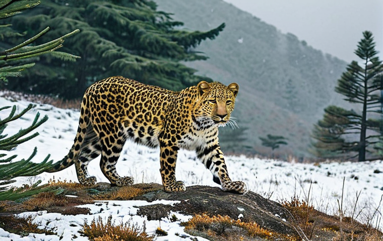 북한의 생태계   멸종 위기 동식물 보호 - **Prompt 1: The Elusive Amur Leopard in its Mountain Sanctuary**
    "A majestic and exceptionally r...