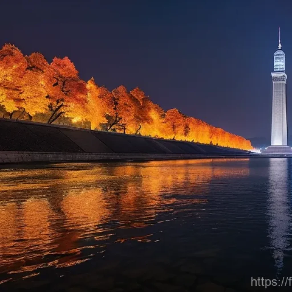 북한의 건축물 주체사상탑의 의미 - **Prompt 1: "The Juche Tower at night, a cinematic low-angle shot emphasizing its colossal 170-meter...