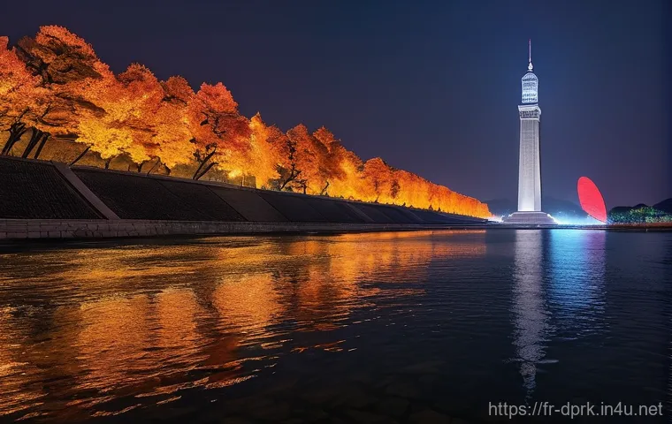 북한의 건축물   주체사상탑의 의미 - **Prompt 1: "The Juche Tower at night, a cinematic low-angle shot emphasizing its colossal 170-meter...