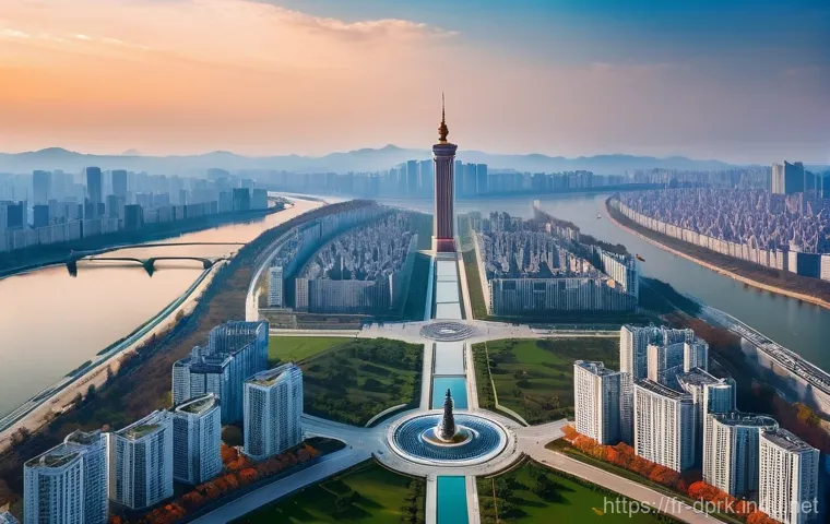 북한의 건축물   주체사상탑의 의미 - **Prompt 2: "A vivid daylight medium shot focusing on the base of the Juche Tower and its monumental...
