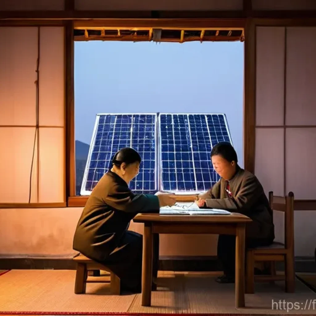 북한의 생활 수준 주거와 식량 상황 - Rural Ingenuity and Solar Power**
A realistic image capturing a humble, traditional North Korean ru...