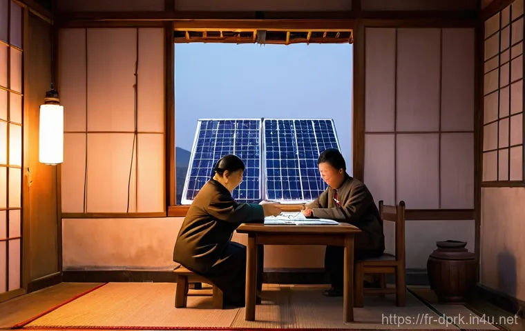 북한의 생활 수준   주거와 식량 상황 - Rural Ingenuity and Solar Power**

A realistic image capturing a humble, traditional North Korean ru...