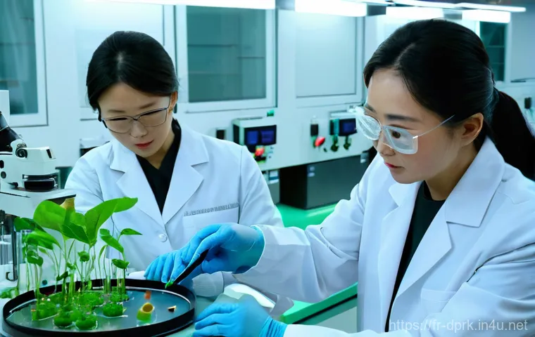 북한의 과학자 주요 연구 성과 - **"A group of dedicated North Korean scientists, both male and female, in their mid-30s to 50s, wear...