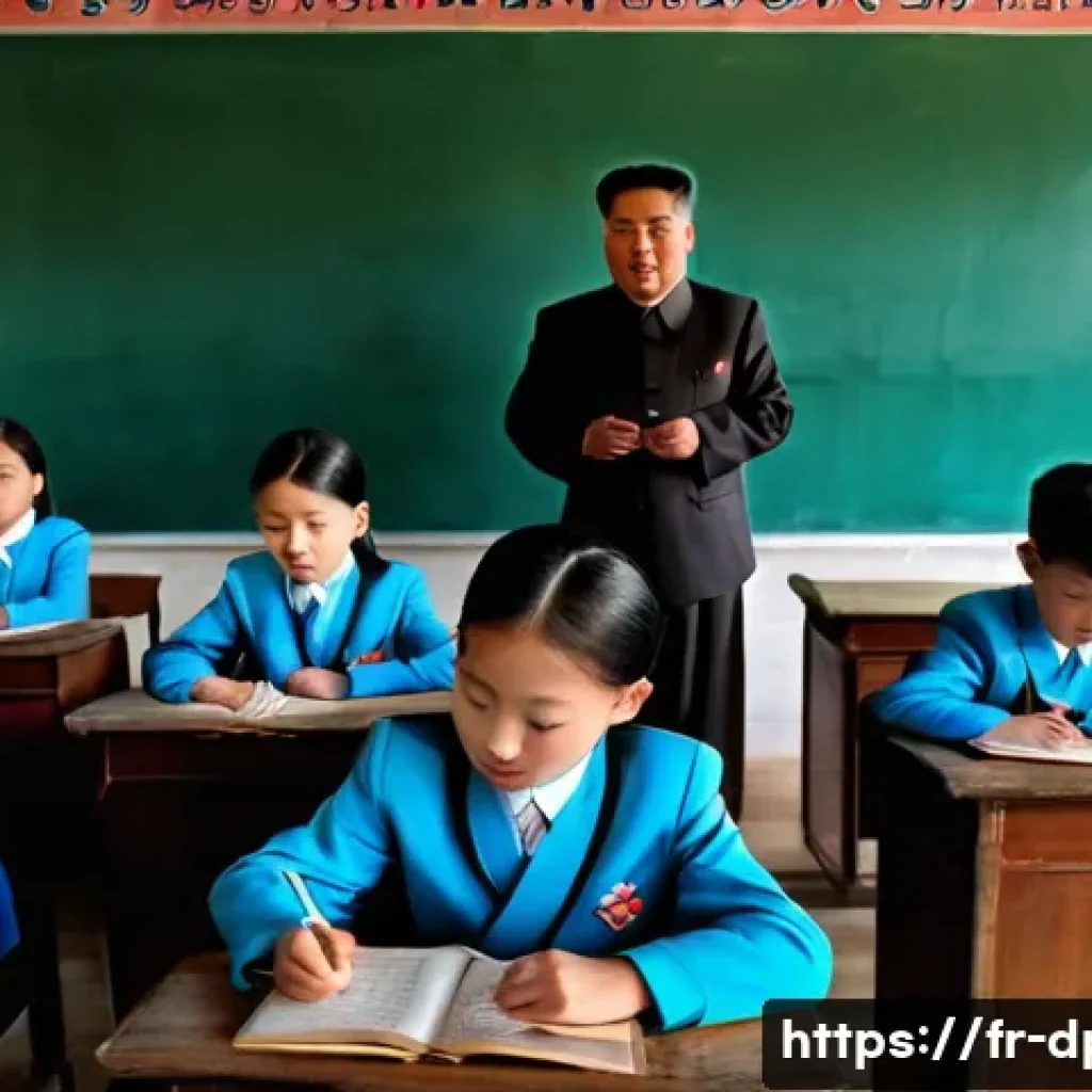 북한의 교육제도 학교 체계와 교육 방식 - A classroom scene in a North Korean primary school featuring young children wearing traditional unif...