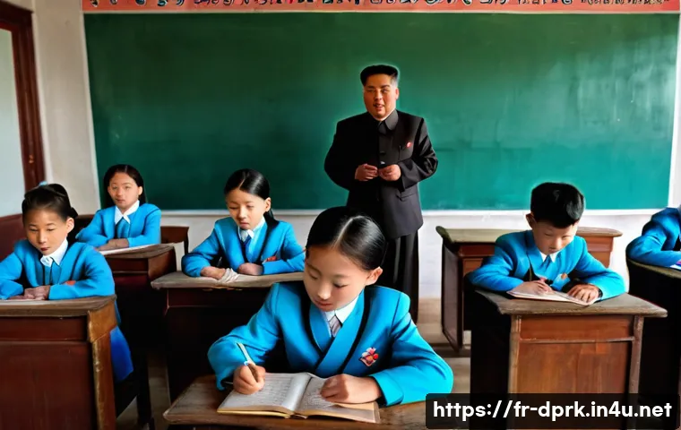 북한의 교육제도 학교 체계와 교육 방식 - A classroom scene in a North Korean primary school featuring young children wearing traditional unif...