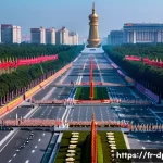 Home 22 북한의 도시화 평양 중심 도시 계획 - A grandiose urban scene of Pyongyang’s central avenue during a national celebration, showcasing mass...