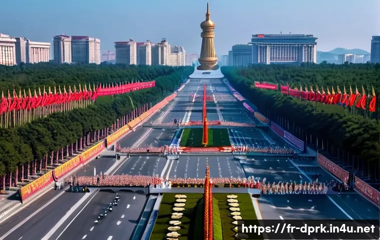 북한의 도시화 평양 중심 도시 계획 - A grandiose urban scene of Pyongyang’s central avenue during a national celebration, showcasing mass...