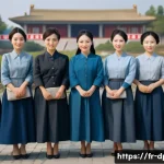 Home 21 북한의 여성 의류 패션과 경제적 영향 - A group of North Korean women in a modest urban setting, wearing traditional-style, uniform-like dre...