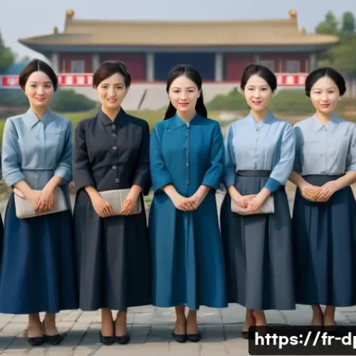 Home 33 북한의 여성 의류 패션과 경제적 영향 - A group of North Korean women in a modest urban setting, wearing traditional-style, uniform-like dre...