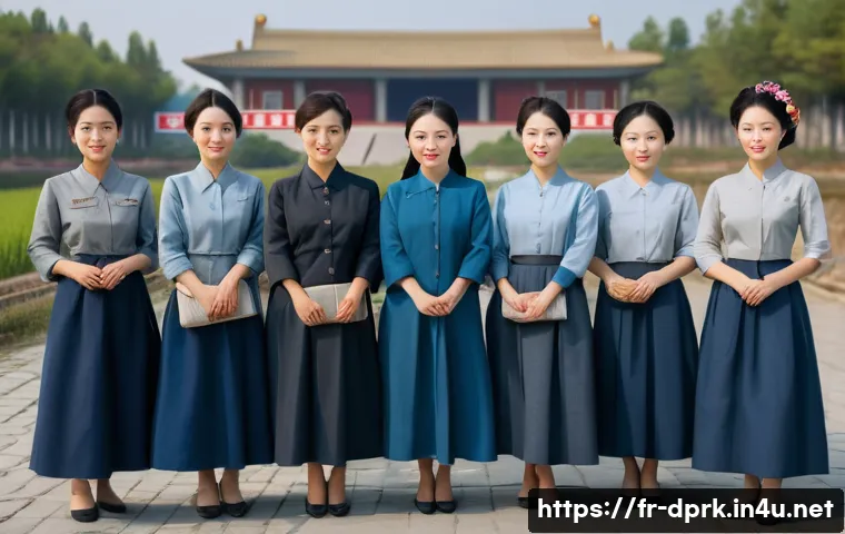 북한의 여성 의류 패션과 경제적 영향 - A group of North Korean women in a modest urban setting, wearing traditional-style, uniform-like dre...