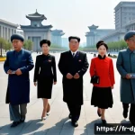 Home 20 북한 관광 특이점 외국인 전용 가이드 - A group of official North Korean guides dressed in traditional and formal attire, leading a diverse ...