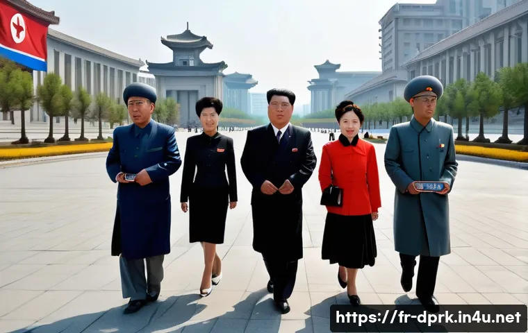 북한 관광 특이점 외국인 전용 가이드 - A group of official North Korean guides dressed in traditional and formal attire, leading a diverse ...