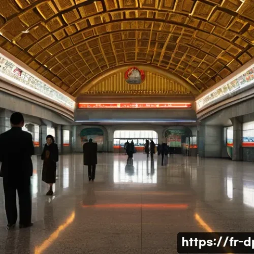 Home 31 북한 교통수단 평양 지하철 정보 - An opulent Pyongyang metro station interior showcasing high vaulted ceilings with dim, warm lighting...