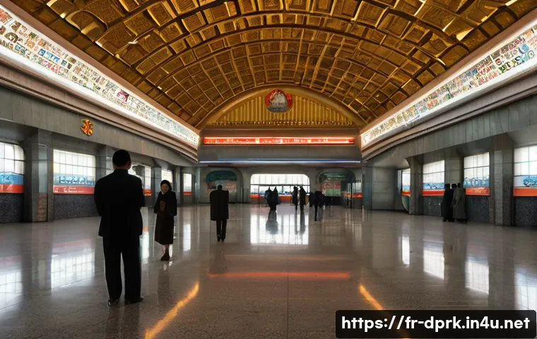 북한 교통수단 평양 지하철 정보 - An opulent Pyongyang metro station interior showcasing high vaulted ceilings with dim, warm lighting...