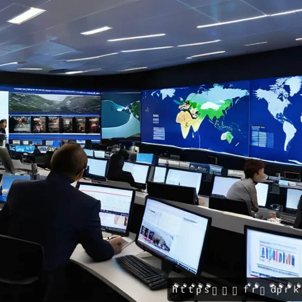 북한의 뉴스   주요 보도 채널 - A sophisticated newsroom scene inside a modern French media office, with journalists of diverse back...