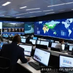Home 18 북한의 뉴스 주요 보도 채널 - A sophisticated newsroom scene inside a modern French media office, with journalists of diverse back...