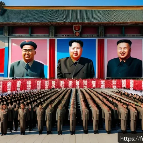 Home 17 북한 정치 체제 주체사상과 독재구조 - A grandiose propaganda mural in a North Korean city square, featuring enormous portraits of Kim Il-s...