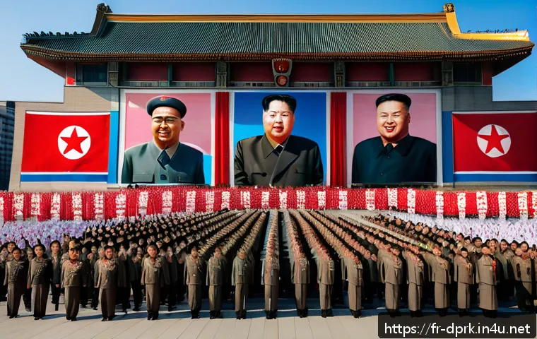 북한 정치 체제 주체사상과 독재구조 - A grandiose propaganda mural in a North Korean city square, featuring enormous portraits of Kim Il-s...